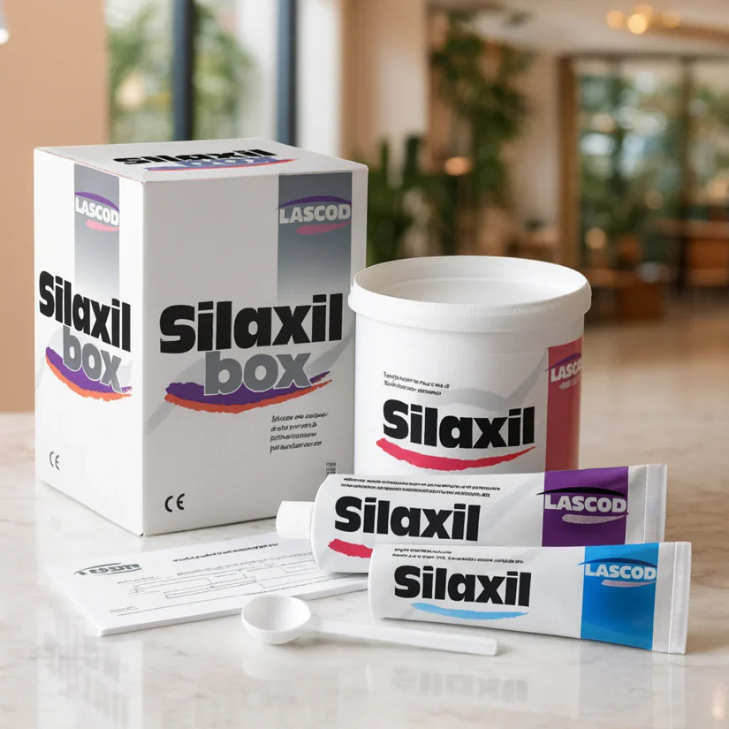 Silaxil product packaging including a box, container, and tubes on a light surface.